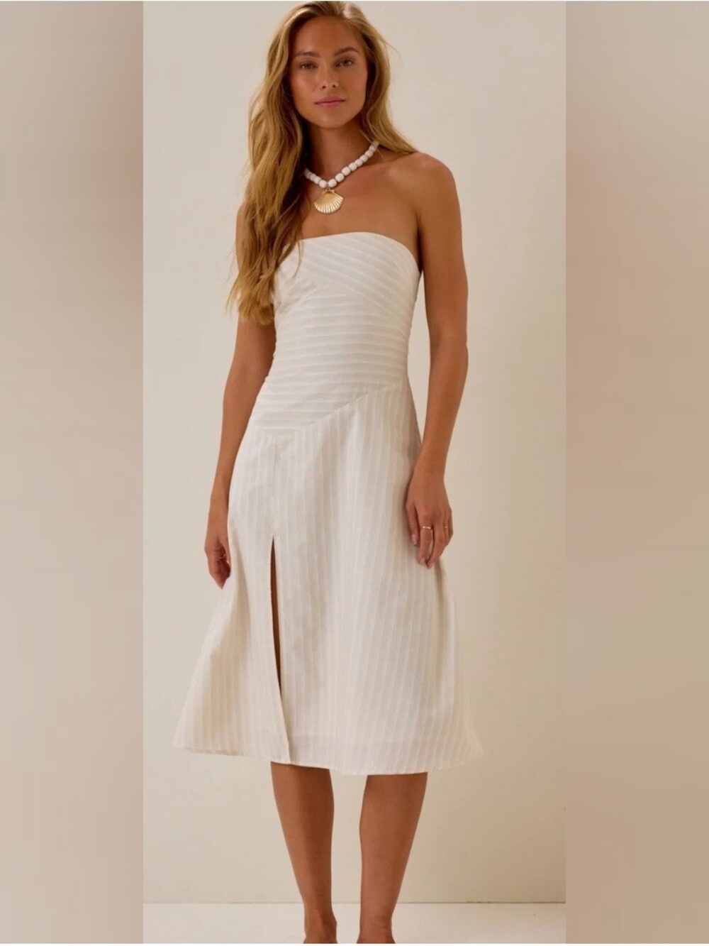 Altar'd State Cream Strapless Midi Dress with Front Slit